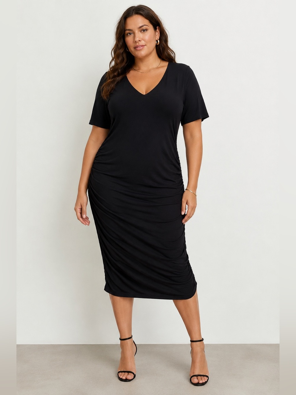 Good American Black V-Neck Ruched Midi Sheath Dress